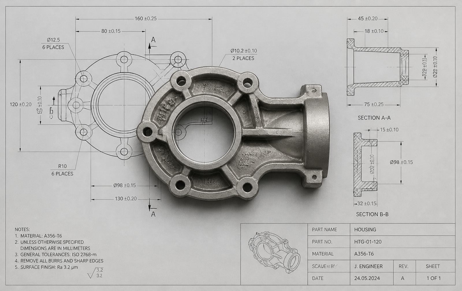 Engineering drawing with dimensions and tolerances next to a cast component