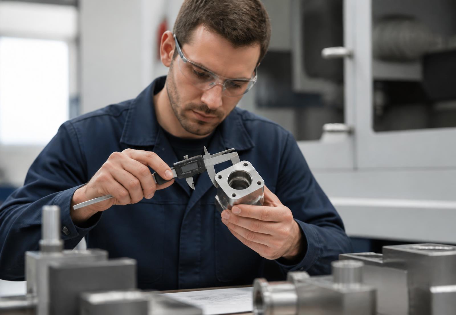 Engineer measuring a machined component with a digital caliper